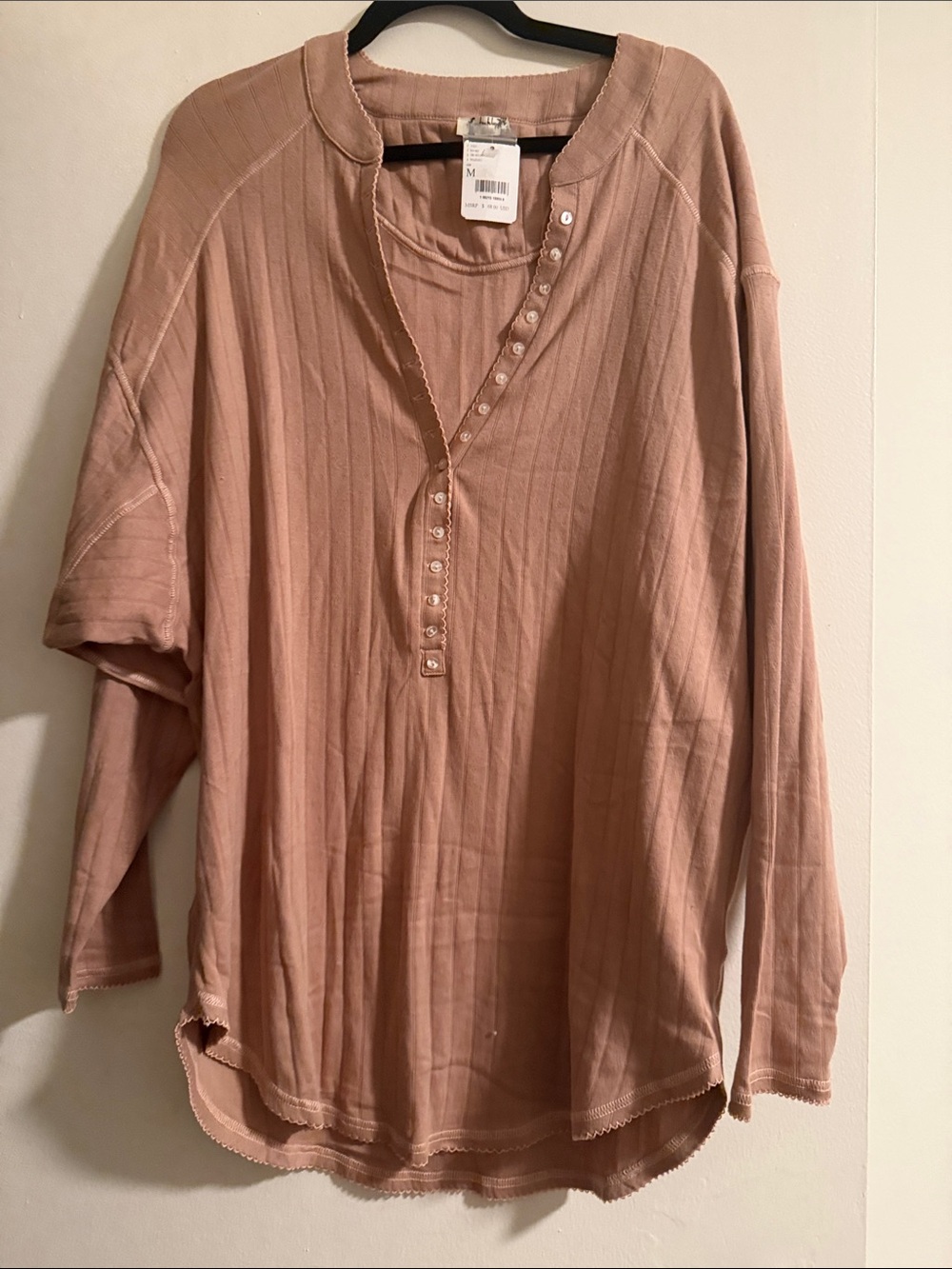Oversized Ribbed Henley Long-Sleeve Top in Nude Color